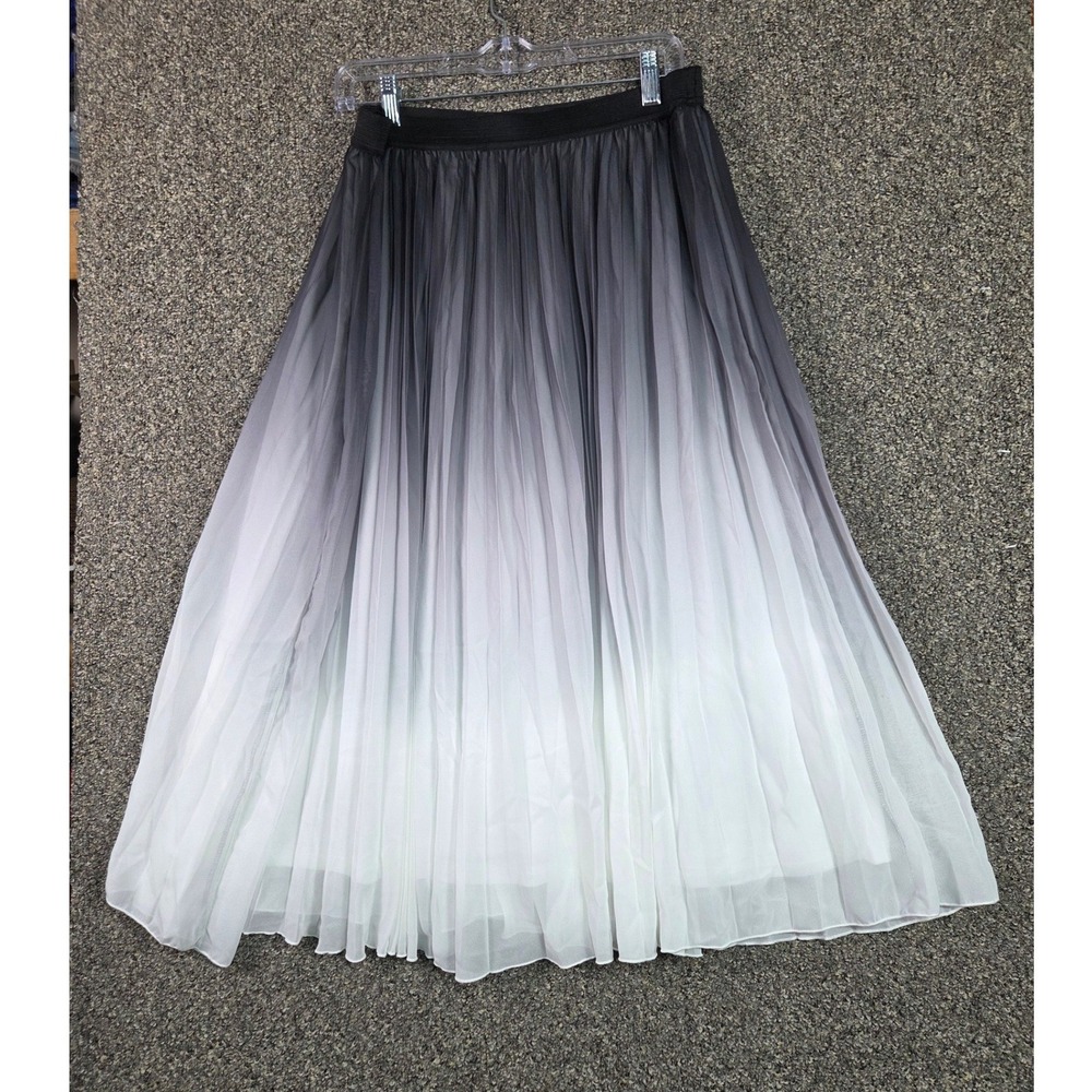 WD.NY Pleated Midi Skirt Women 1X Black White Ombre Gradient Chiffon A-Line - Picture 2 of 8